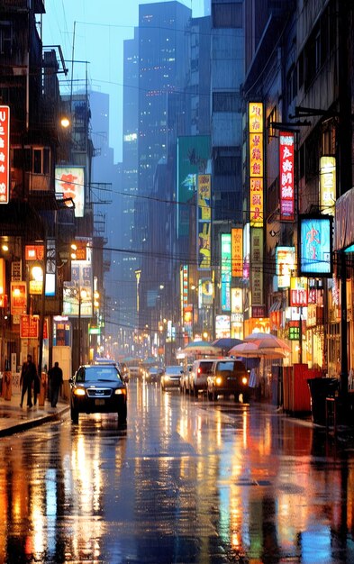 a busy street with a red sign that says chinese on it