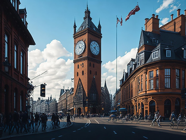 A busy street with a tail building and a clock tower on the top