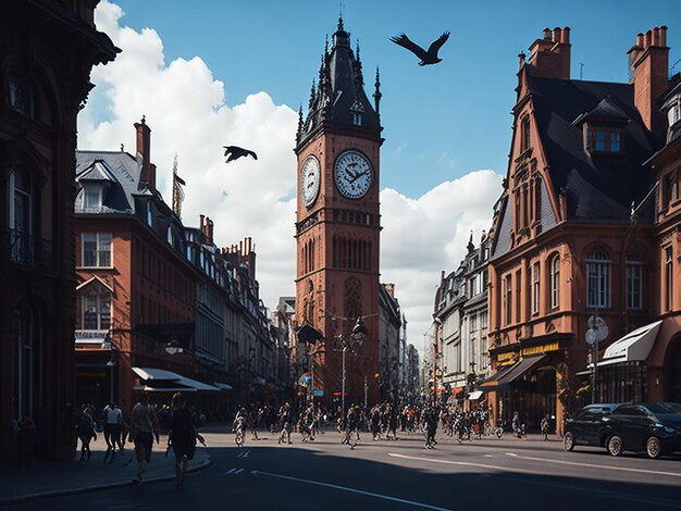 Photo a busy street with a tail building and a clock tower on the top