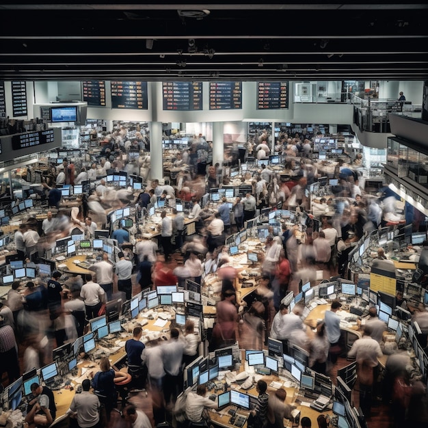 A busy trading floor with people working on computers and one of the trading floors is shown.