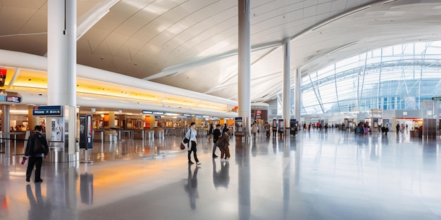 공항의 바쁜 여행자 수하물 가방을 들고 있는 사람들을 포착한 활기찬 스톡 이미지 Generative AI