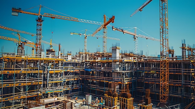 Busy urban construction site with cranes workers and composite materials