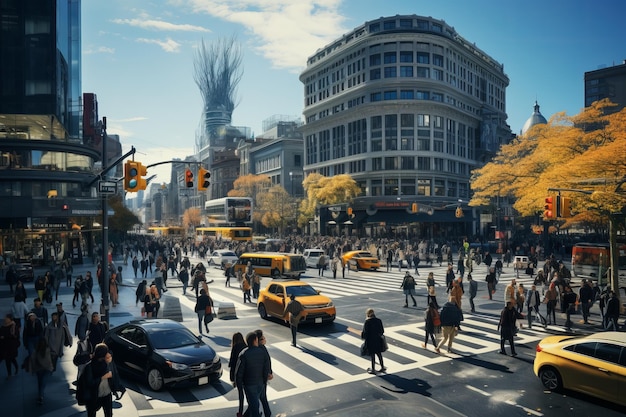 Busy Urban Intersection With Cars And Pedestrian Generative AI