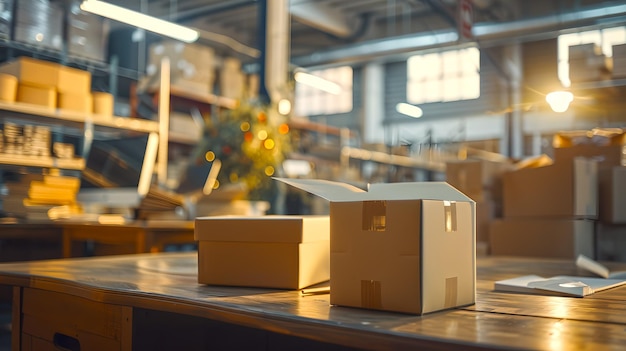 Busy warehouse interior with boxes on a workbench Industrial setting at dusk Logistics and shipping industry scene Perfect for business use AI