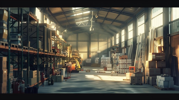 Busy Warehouse With Stacked Boxes