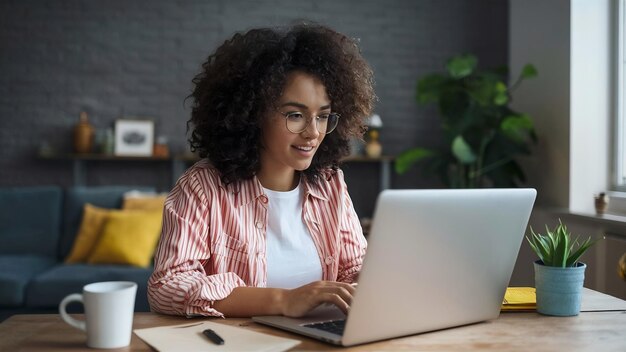 Busy woman in casual clothes working on laptop at home