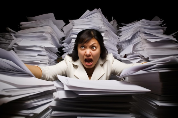 A busy woman is surrounded by a lot of papers in her office Pissed off asian office worker cluttered with paperwork shouting AI Generated