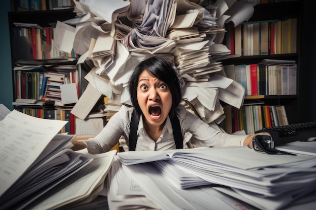 A busy woman sitting at her desk surrounded by a multitude of papers and documents Pissed off asian office worker cluttered with paperwork shouting AI Generated