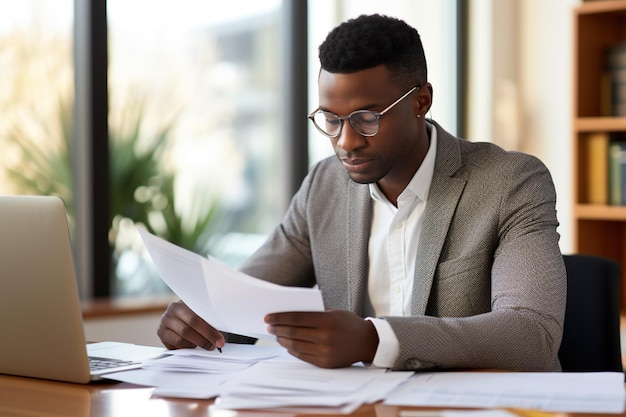 Busy young African American business man bank account manager sitting at office