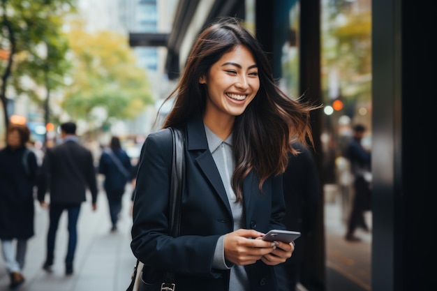 Busy young professional Asian businesswoman holding mobile phone walking on a big city street