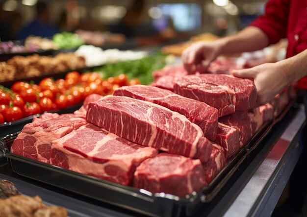 육류 시장에서  ⁇ 은 생긴  ⁇ 고기 필레 스테이크를 보유하고 있습니다.