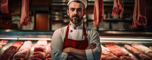 Butcher in a butchers outfit stands in front of the shop Generative ai