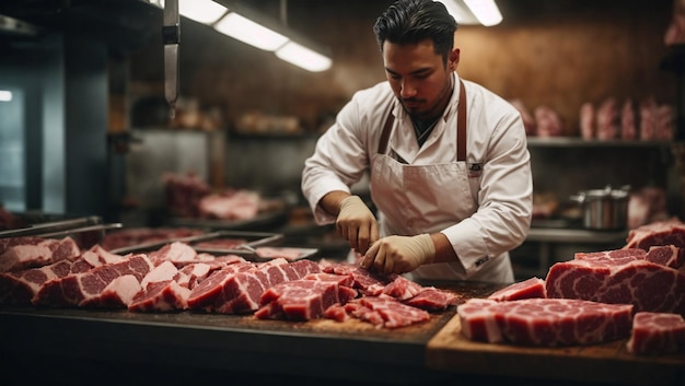 Photo butcher cutting fresh meat in pieces