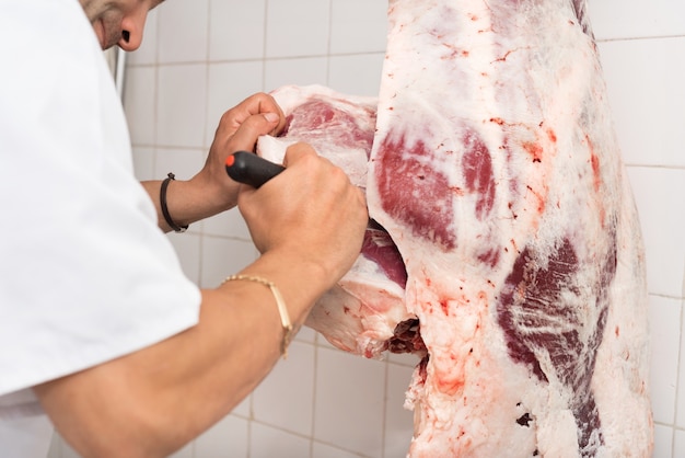 Butcher cutting a large piece of meat