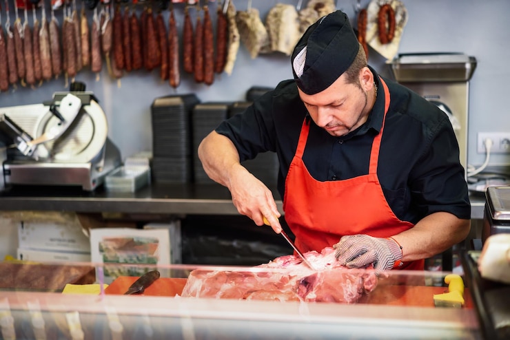 Photo butcher cutting meat in shop