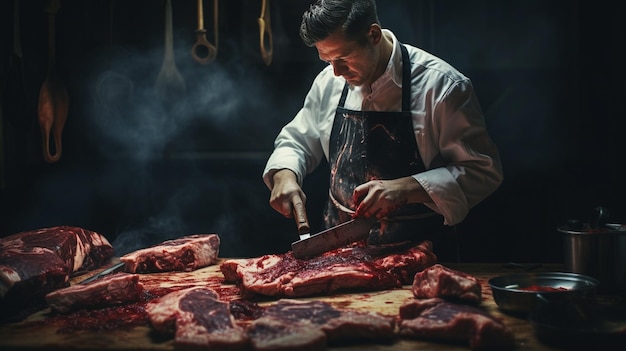 Foto macellaio che taglia la carne sul tavolo