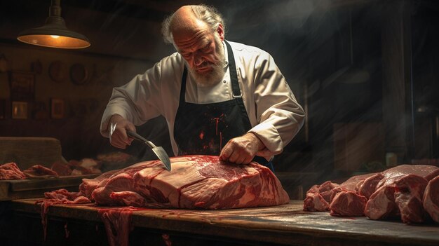 Butcher cutting meat on the table