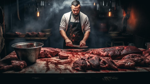 テーブルの上で肉を切る肉屋