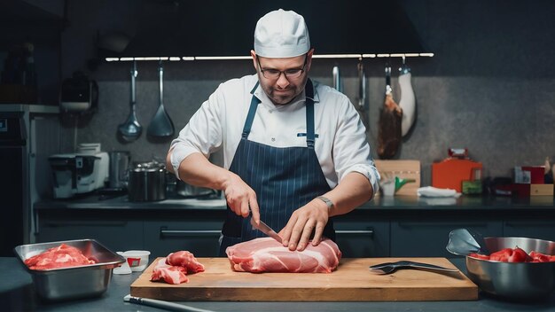 肉屋がキッチンで豚肉を切っている