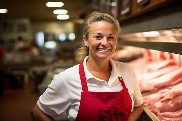 Photo butcher female middle aged friendly smile workplace background