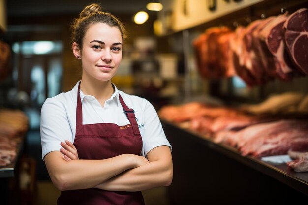 Butcher female Young adult Confident pose workplace background