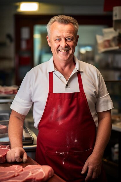 Butcher male Middle aged Friendly smile workplace background