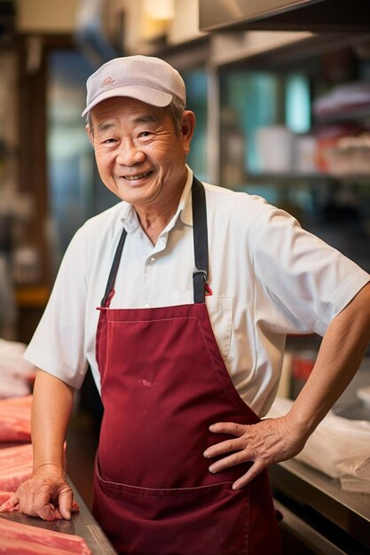 Butcher male Senior Friendly smile workplace background