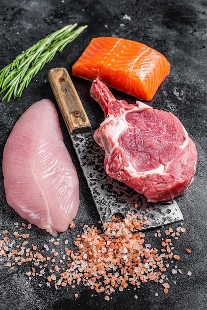 Butcher raw steaks salmon beef and turkey breast fillet on a meat cleaver Black background Top view