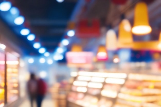 Photo butcher shop in a bokeh background of shopping center with lights blurry image