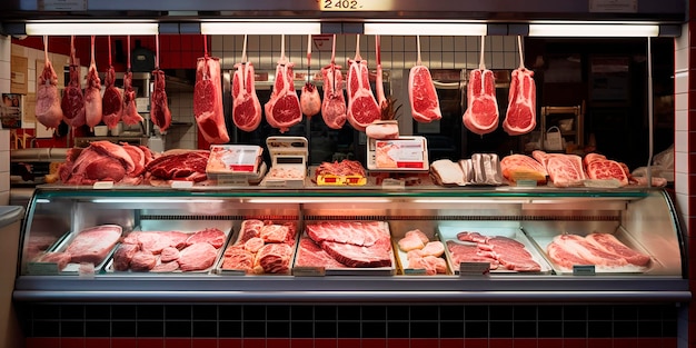 Фото Витрина мясного магазина свежее мясо вкусные свежие стейки