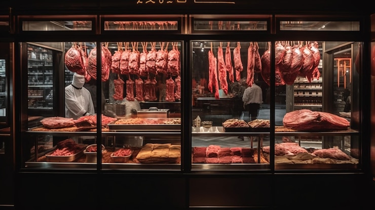 Photo a butcher shop with meat and meat on the front