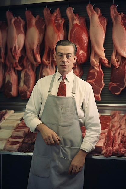 사진 현대적 인 고기 카운터 에 서 있는 도살자