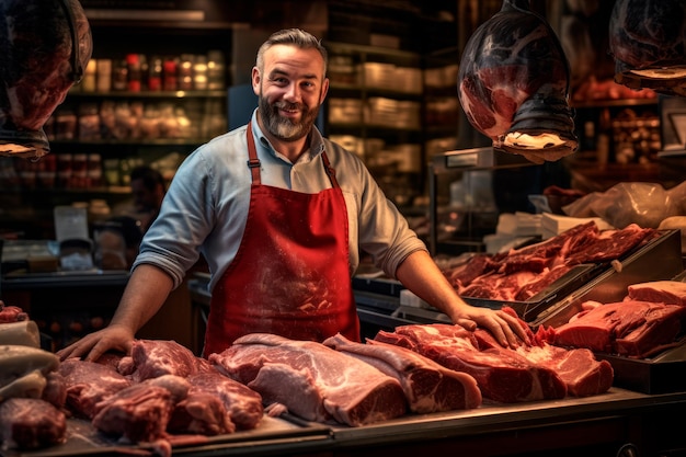 a butcher in a traditional butcher shop expertly cutting and preparing various cuts of meat