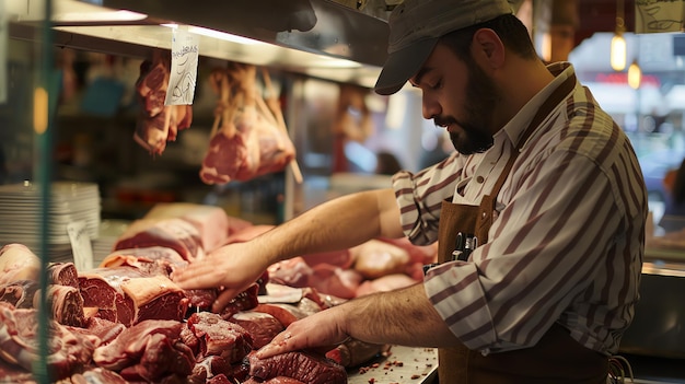 Foto un macellaio che indossa un grembiule a righe e un cappello sta accuratamente selezionando un taglio di carne da una grande vetrina di varie carni in una macelleria