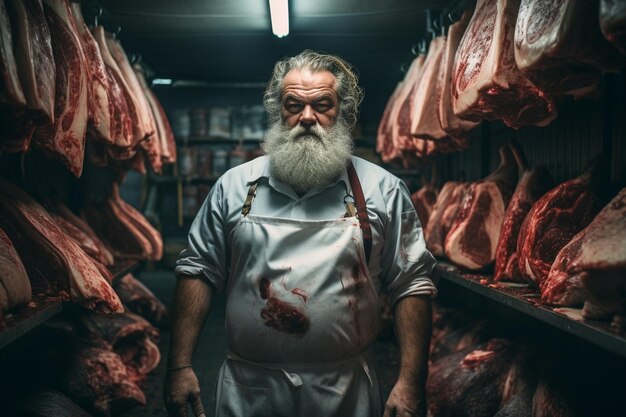 Photo the butcher in a white work shirt holding ax while standing in a refrigerated warehouse in the midst