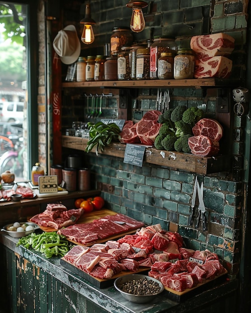 Foto un bancone di carne di macellaio con tagli sullo sfondo