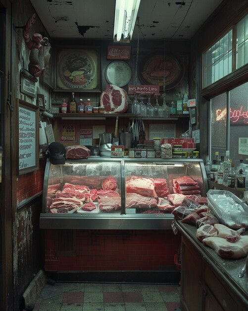 Photo a butchers meat counter with cuts wallpaper