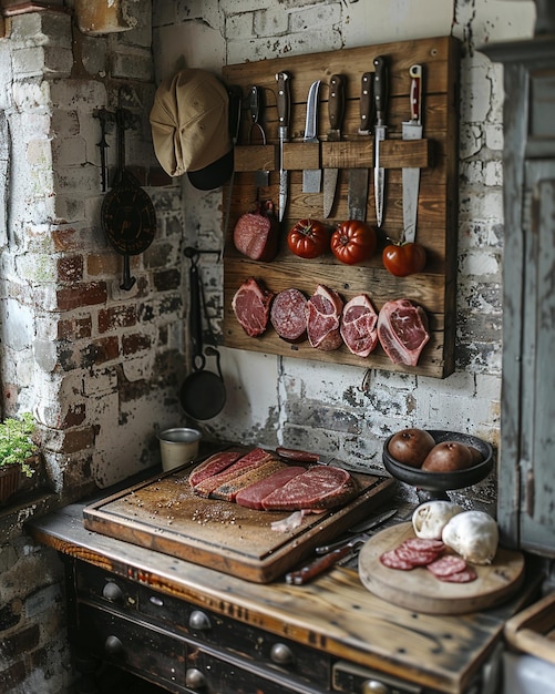 Photo a butchers shop with knives cleavers meat hooks wallpaper