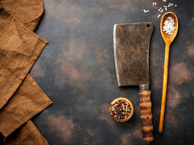 Butchers vintage cleaver with spices 