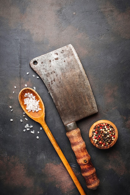 Butchers vintage cleaver with spices 