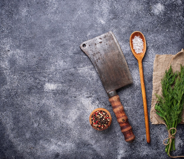 Butchers vintage cleaver with spices 