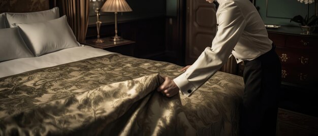 Butler Arranging Luxurious Bedroom With Silk Sheets Generative AI