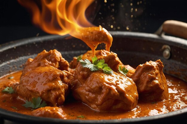 Photo butter chicken being flambeed for added flavor