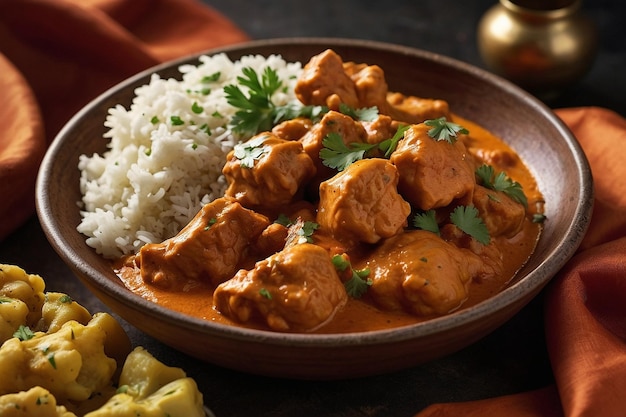 Butter chicken being served with a side of aloo gobi
