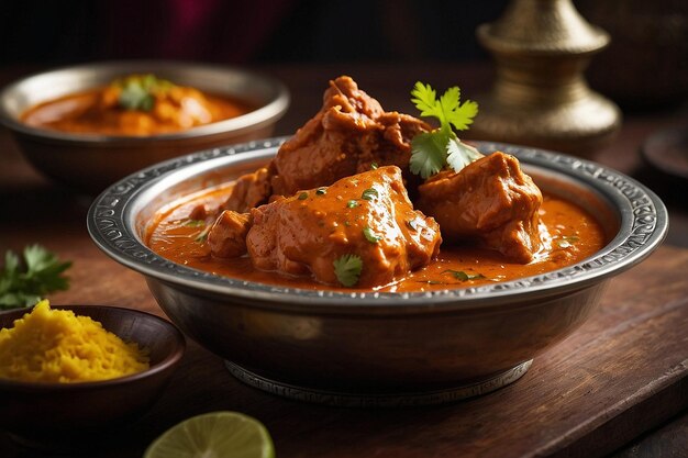 Butter chicken being served with a side of tangy tamar