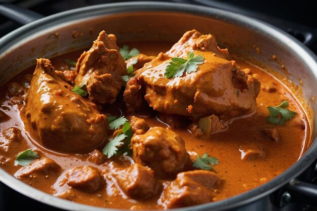 A butter chicken curry simmering on a stove