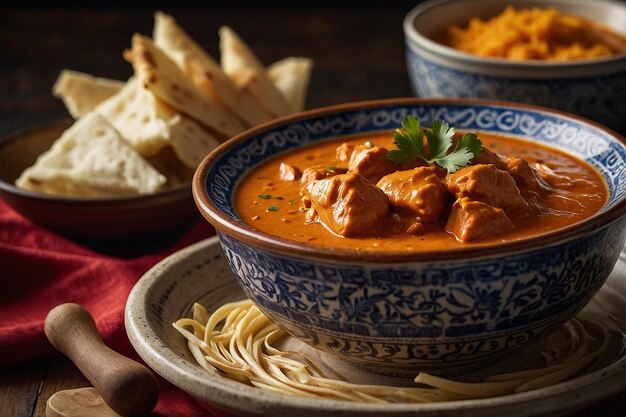 A butter chicken meal in an artisanal ceramic bowl