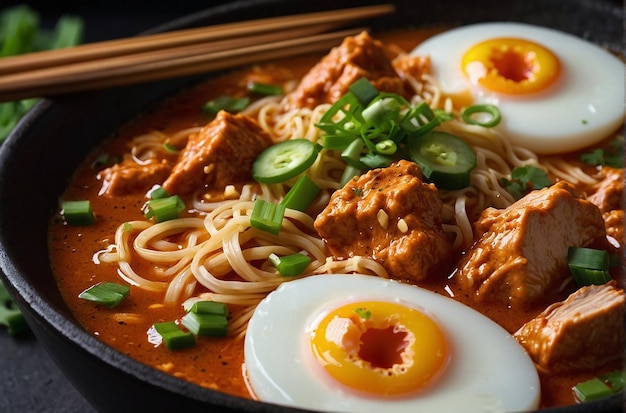 Butter chicken ramen with softboiled eggs and green on