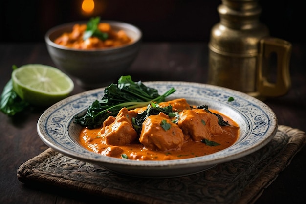 Butter chicken served with a side of grilled tatsoi