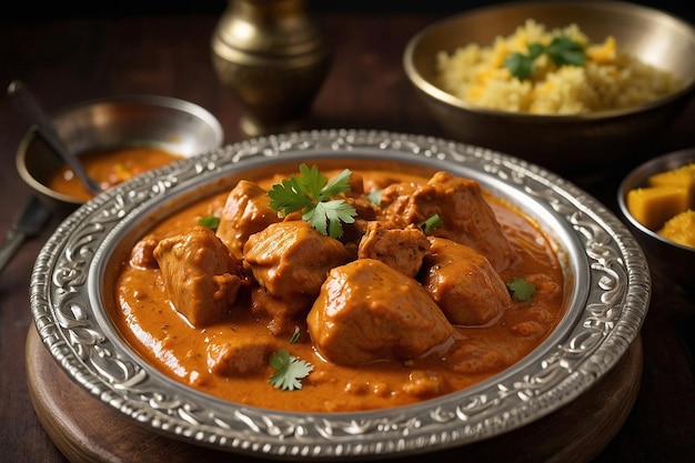 Butter chicken served with a side of mango chutney